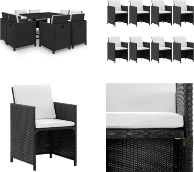 Produktbild von vidaXL 9 tlg. Garten Essgruppe mit Auflagen Poly Rattan Schwarz - Gartenmöbel-Set - Gartenmöbel-Sets - Gartentisch Und Stühle - Gartentische Und Stühle