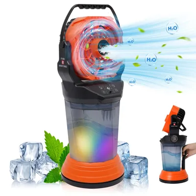 Image de AIORBER Ventilateur rafraîchisseur d'air 3-en-1 avec humidificateur, batterie de 15 000 mAh, réservoir d'eau de 2 L, autonomie de 24 h, port USB-C, 4 vitesses, oscillation à 90°, portable, silencieux, orange