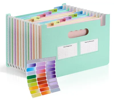 Productafbeelding van Uitbreidbaar A4-ordner, 13 vakken, kleur: tarwebloem, A4+-accordeonordner met gekleurde labels, rechtopstaand en van boven open, kleurrijke documentenorganizer, BPA-vrij, geschikt voor school en kantoor