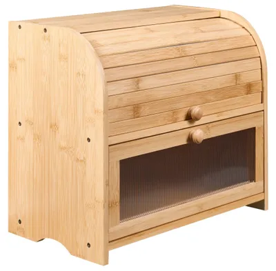 Produktbild von BELIANI Brotkasten Hellbraun Bambus Zweistöckig 42 x 25 x 37 cm mit Rollklappe Sichtfenster Geriffelt Lamellen-Optik Skandi Brotbox Rollbrotkasten