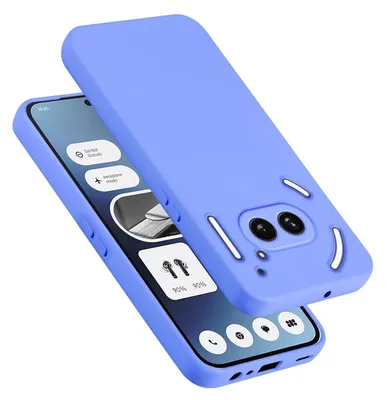 A purple phone case is shown on top of a phone with a blue screen.