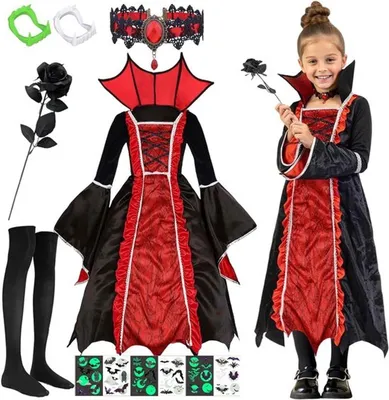 Vampir Kostüm für Mädchen - 9-teiliges Halloween Kostüm mit Vampir Kleid, Zähnen und Kette für Karneval und Cosplay