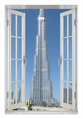 Produktbild von Wallario Wandbild mit Fenster-Illusion: Wolkenkratzer in Dubai, Größe: 61 x 91,5 cm, Poster mit rahmenlosen Bildhalter