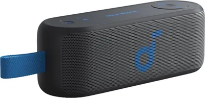 A black portable speaker with a blue logo and strap, shown on a white background.