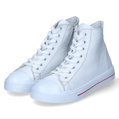 A pair of white high-top sneakers shown from a diagonal angle against a white background.