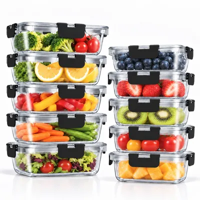 Immagine prodotto di Set di 10 contenitori in vetro per alimenti con coperchio – 5 contenitori da 1040 ml + 5 contenitori da 370 ml, contenitori per conservare alimenti e contenitori per la preparazione dei pasti, ermetici, a prova di perdite, senza BPA