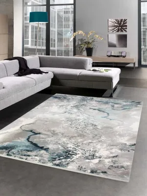 Produktbild von Teppich Wollteppich Marmor Muster blau grau creme Größe - 80 x 300 cm