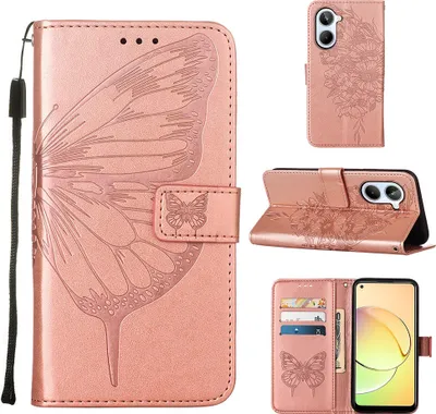 Produktbild von Lederhülle für Realme 10 4G Schmetterling Prägung Flip Ledertasche Kartenfächer Handyhülle mit Ständer Pink