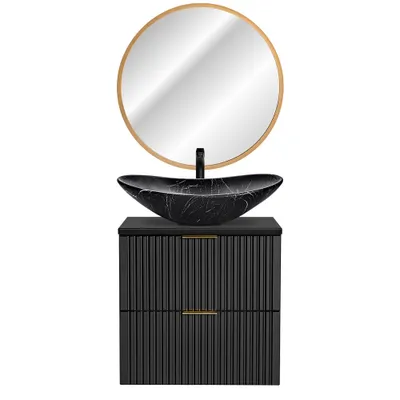 Produktbild von Waschplatz Set mit marmoriertem Keramik-Aufsatzbecken und LED-Spiegel, matt schwarz mit gerillter Front ADELAIDE-56-BLACK, B/H/T ca. 61,5/200/46,5 cm