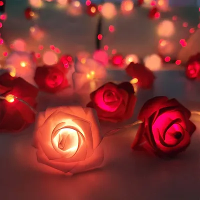 A close-up of a string of rose-shaped LED lights.