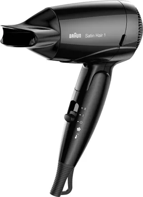 A black Braun Satin Hair 1 hair dryer is shown against a white background.
