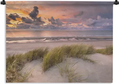 Produktbild von MuchoWow® Wandteppich Wandbehang Sonnenuntergang - Düne - Strand - Pflanzen - Meer 60x45 cm Tapisserie Dekoration Wandtuch - Das Schlafzimmer