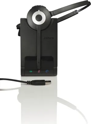 A black Jabra wireless headset and its charging base are shown against a white background.