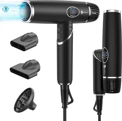 Produktbild von Haartrockner, Schnelles Trocknen, mit 110.000 RPM Bürstenlosem Motor, Faltender/Wenig Lärm/Magnetischer Diffusor/LCD-Anzeige für Hause, Salon