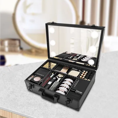Zdjęcie produktu dla Kasetka do makijażu z lampką i lusterkiem Kosmetyczka Torebka do makijażu Organizer Pudełko do przechowywania