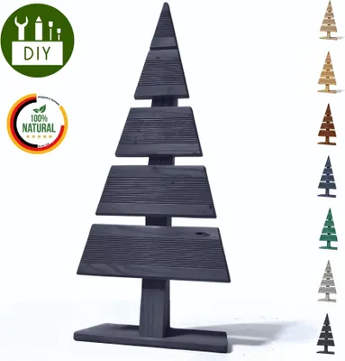 A dark gray wooden Christmas tree display with various colored Christmas trees shown on the right side.