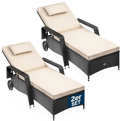 Produktbild von Casaria® Sonnenliege 2er Set mit Rollen 7cm Auflage Extra Breit 90cm Gartenliege Wetterfest 165kg Belastbar Terrasse Balkonmöbel Liegestuhl Schwarz Creme