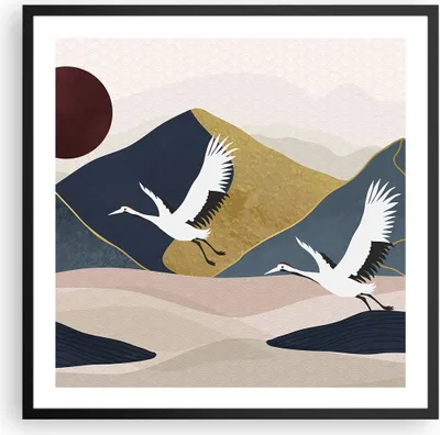 Produktbild von Gerahmtes Poster - Schwarzer Rahmen - Kraniche Berge Sonne - 60x60 cm - Wand Bild - Wanddeko - Wandbilder - Kunstposter - Wandposter - Bilderrahmen - Bilder - Kunstdruck - P2BAC60x60-4785