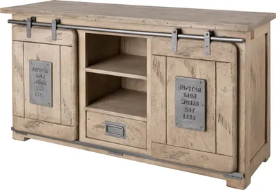 A product shot of a wooden sideboard with sliding barn doors.