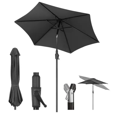 A black patio umbrella is shown in an open state, with its folded state and components displayed separately.