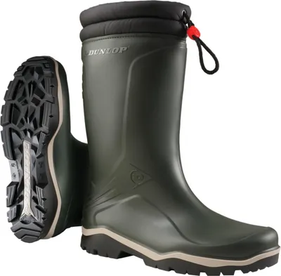 A pair of green Dunlop winter boots shown against a white background.