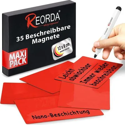 Immagine prodotto di Magneti scrivibili Reorda rossi 12 x 8 cm - 35 strisce riscrivibili per lavagne bianche e lavagne Kanban