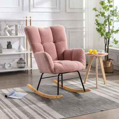 Produktbild von Sweiko 009 Mid Century Moderner Schaukelstuhl aus Teddystoff mit getuftetem Bezug, gepolsterte Sitzfläche für Wohnzimmer und Schlafzimmer, Rosa