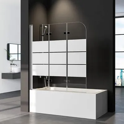 Produktbild von Duschwand für Badewanne 3-teilig Faltbar 130x140cm Badewannenaufsatz, Gestreift Glas Klappbar Duschwand Duschabtrennung für Badewanne aus 6mm Sicherheitsglas (ESG), Badewannenfaltwand