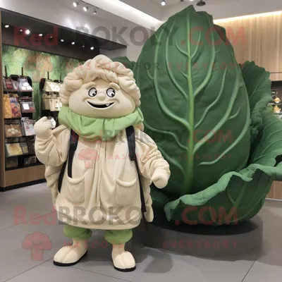 Obrázek produktu pro Postava REDBROKOLY maskota v béžové barvě Cabbage Leaf oblečená s mikinou a kabelkami