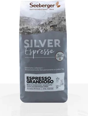 A bag of Seeberger Silver Espresso Grandioso coffee beans.