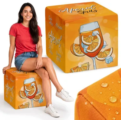 Quadratischer Sitzpouf Aperol Spritz – Bequemer Hocker für Wohnzimmer & Schlafzimmer – Polsterhocker