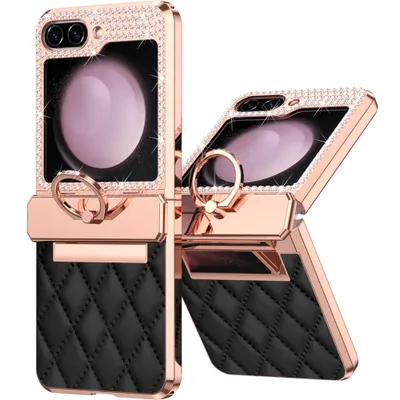 Immagine prodotto di Custodia in pelle per Samsung Galaxy Z Flip 5 con supporto ad anello, custodia protettiva lucida con protezione a cerniera nera