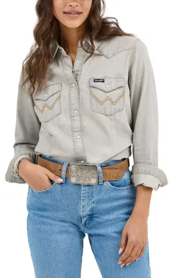 Productafbeelding van Wrangler Damen blouse met lange mouwen, westernstijl, knoopsluiting, model "Work Shirt", grijs, maat X-Small