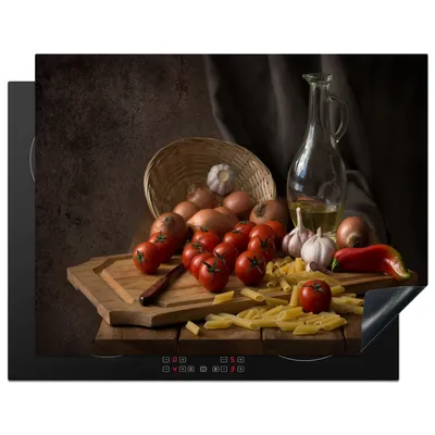 Produktbild von KitchenYeah© Herdabdeckplatte Schneidebrett - Gemüse - Stillleben - Pasta - Aus - Tomate - Schneidebrett , 77x59cm, Küche Deko, Glaskeramikkochfeld Herdabdeckung, Abdeckplatte fùr Kochfeld