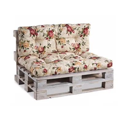 A two-seater sofa cushion set on a wooden pallet base, against a white background.