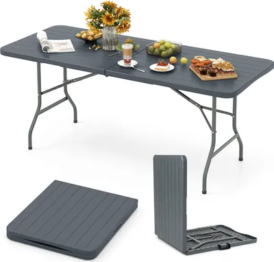 Immagine prodotto di COSTWAY, tavolo da giardino 180x74 cm, tavolo pieghevole da campeggio, tavolo pieghevole con piano in HDPE e maniglia per il trasporto, tavolo da balcone per 6-8 persone, tavolo buffet, colore grigio