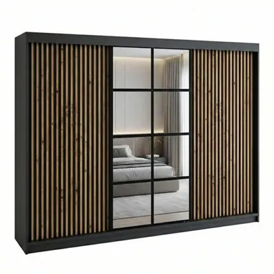 A wardrobe with mirrored doors and wooden slat accents.
