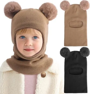 Produktbild von DRESHOW Kinder Wintermütze Warme Schal Schlupfmütze Strickmütze Kapuze Weiche Schalmütze mit Doppelt Bommel Pom Pom Beanie Mütze für Kleinkinder Jungen Mädchen 1-6 Jahre