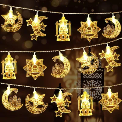 A string of decorative Ramadan lights with various Islamic-themed shapes.