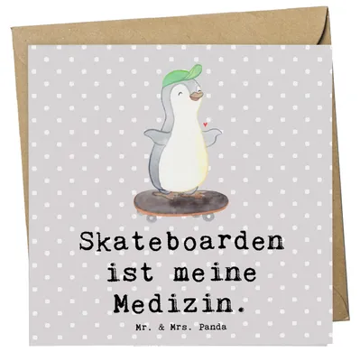 Produktbild von Mr. & Mrs. Panda Glückwunschkarte Pinguin Skateboarden - Grau Pastell - Geschenk, Skateboard fahren, anlasskarte, Skateplatz, Grußkarte, Skaten, doppelkarte, Klappkarte