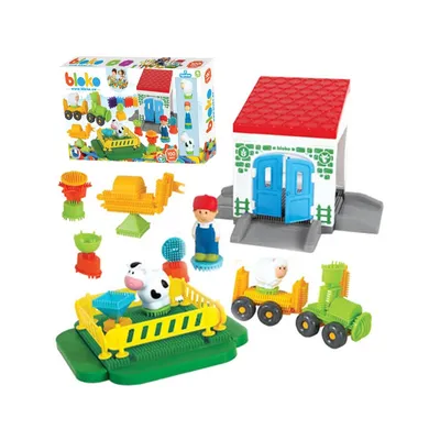 Image de MOCHTOYS : Blocs de construction "Jeżyki", type "Pin Bricks", dans une boîte en carton, comprenant 100 éléments et 3 figurines