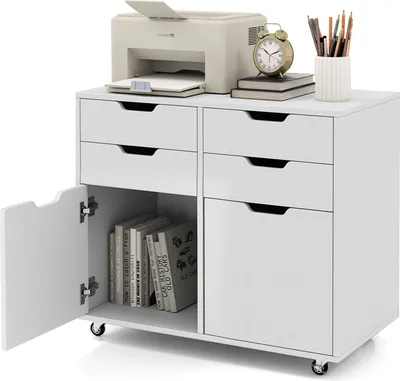 A white mobile storage cabinet with drawers and doors, topped with a printer, books, and office supplies.