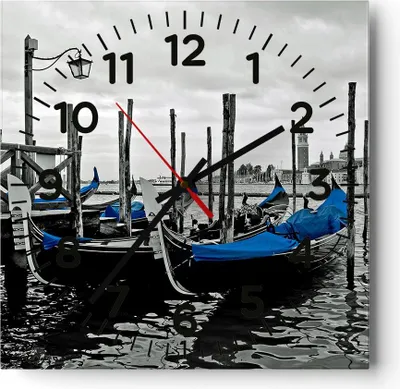 Produktbild von Wanduhr - Quadrat - Glasuhr - Venedig Gondel Leuchtturm - 40x40cm - Schleichendes Uhrwerk - Lautlos - zum Aufhängen bereit - Dekoration Modern - Wanddekoration aus Glas - C4AC40x40-0446
