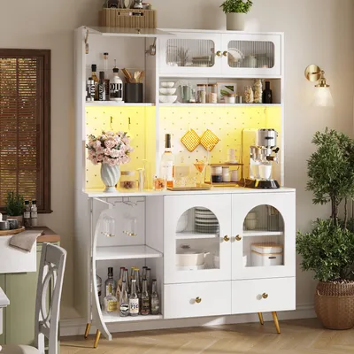 Image de Buffet moderne Flieks avec éclairage LED, meuble de cuisine équipé de ports USB, de prises électriques et d'un panneau perforé, meuble haut 120 x 40 x 176 cm, blanc
