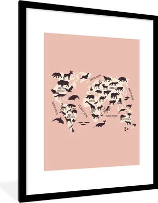 Produktbild von MuchoWow® Gerahmtes Poster Weltkarte - Tiere - Rosa 60x80 cm - Poster mit Schwarzem Bilderrahmen Wandposter Rahmen Foto Bilder - Wohnzimmer - Dekorationen - Prämie