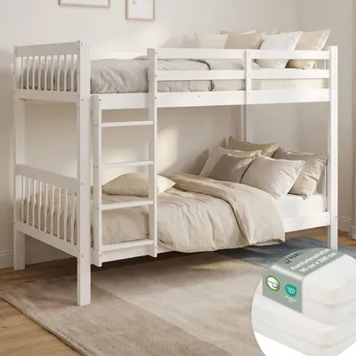Produktbild von Homestyle4u Etagenbett 90x200 mit 2 Matratzen Hochbett umbaubar zu Einzelbetten Kinderzimmer mit Leiter Weiß Gäste Stockbett Kinderbett