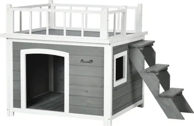 Produktbild von PawHut Hundehütte Hundehaus mit Balkon, Erhöhtes Kleintierhaus mit Treppe, Fenster, Hundehöhle für Mittele, Große Hunde, Tannenholz, Hellgrau