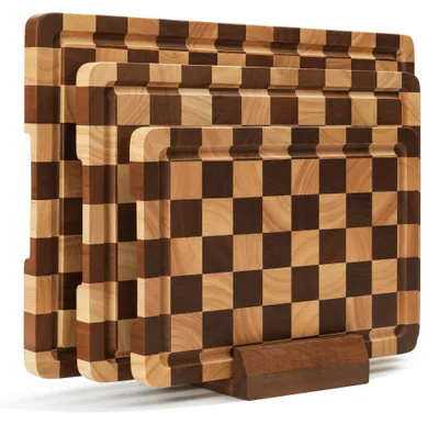 Schneidebrett-Set, 3-teilig, Holz, Schachbrettmuster, mit Ständer