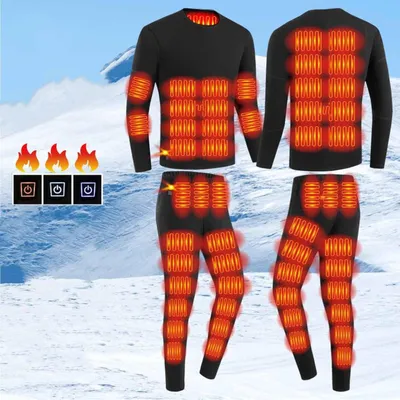 Obrázek produktu pro ASKSA vyhřívané vyhřívané spodní prádlo Set muži ženy, USB nabíjení 52 zón inteligentní vyhřívané topy a kalhoty, 3 Gear Temperature Control Thermal Underwear Set,Black,4XL