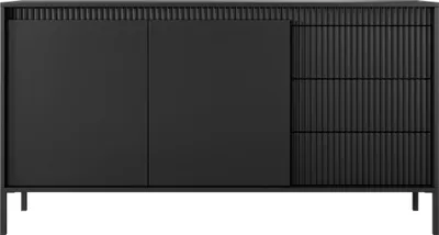 Image de Buffet SENSO, 2 portes, 3 tiroirs, façades en MDF rainurées, système d'ouverture par simple pression, couleur beige, dimensions : 153,5 x 81,4 x 39,5 cm